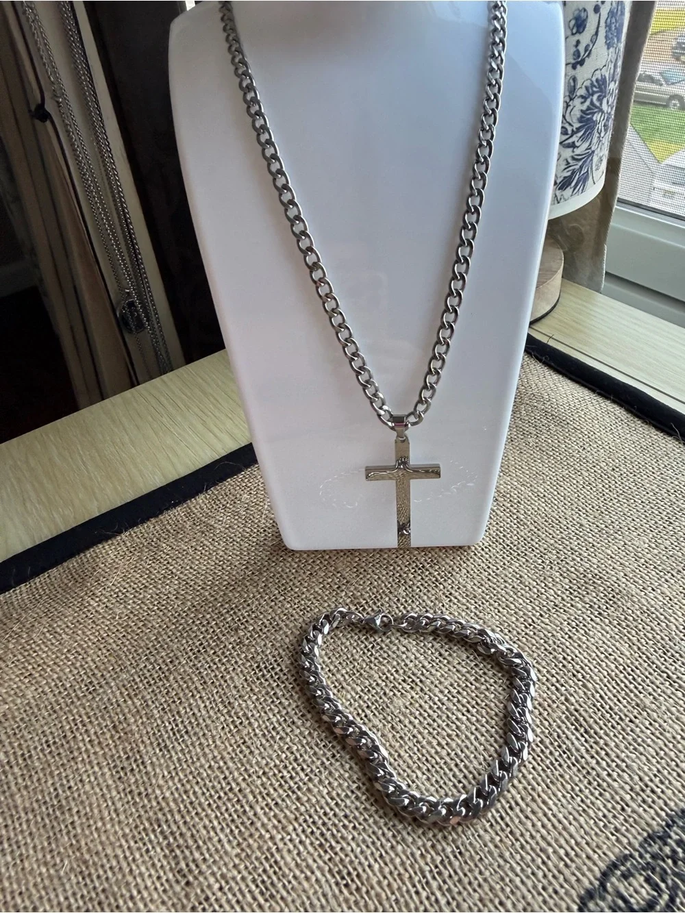 Stainless steel necklace with cross bracelet set